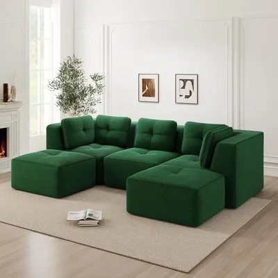 Produktbild von U-förmiges Ecksofa aus Cord, knochenlos, modular mit Ottomane, dreisitzig, tiefe Sitzfläche, für Wohnzimmer, montagefrei