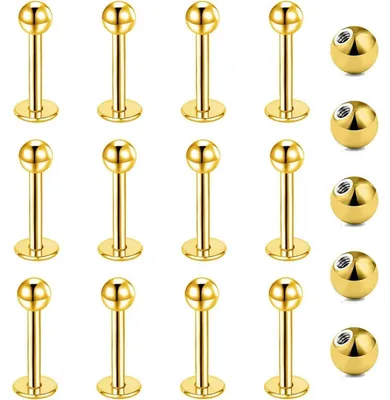 Produktbild von Lippenpiercing Stecker 12er Set 1,2mm Chirurgenstahl Labret Helix Tragus Stud Silber Gold Schwarz 8mm