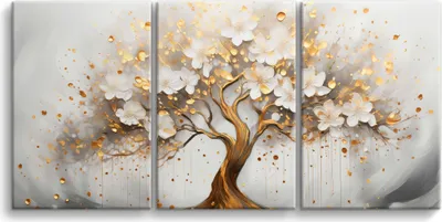 Produktbild von Leinwandbild für das Schlafzimmer, Goldenes Glücksbaum und weiße Blumen 60x120