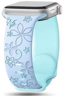 Image de Bracelet pour Apple Watch Series Ultra 2/3, 11, 10, 9 8 SE 7 6 5 4 3 2 1 46mm-45mm-44mm-42mm-49mm, Silicone Motif Fleur - Bleu