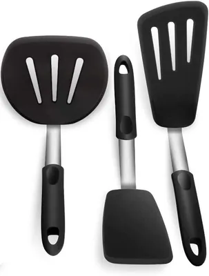 Produktbild von Pfannenwender Küchenwender Fischwender aus lebensmittelechtem Silikon und rostfreiem Edelstahl Robust und Spülmaschinenfest. 3er Set Schwarz