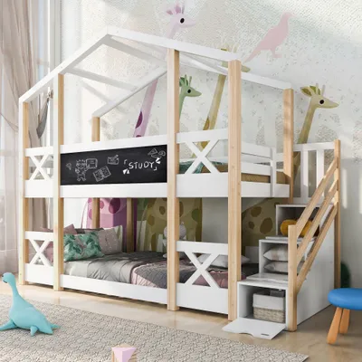 Produktbild von AIORBER  Etagenbett, Baumhausform mit Stauschrank, Absturzsicherung, mit Treppe, Lattenrost, 96 x 244,5 x 205 cm, Weiß