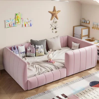 Produktbild von Flieks Kinderbett 90x200cm mit Rausfallschutz, Polsterbett mit Lattenrost, Bodenbett Spielbett mit Sicherheitsgeländer, Samt, Rosa