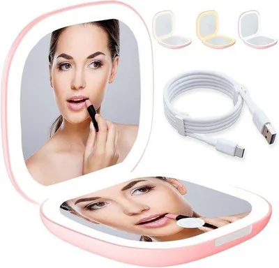 Obrázok produktu pre Ručné zrkadlo s 1-násobným a 10-násobným zväčšením a LED osvetlením – ružové, skladacie s regulovateľným osvetlením