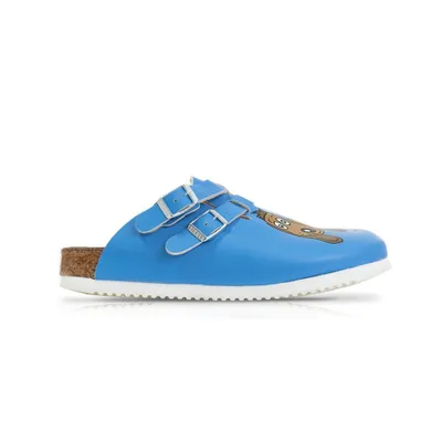 A single blue Birkenstock sandal with a cartoon dog graphic on a white background.