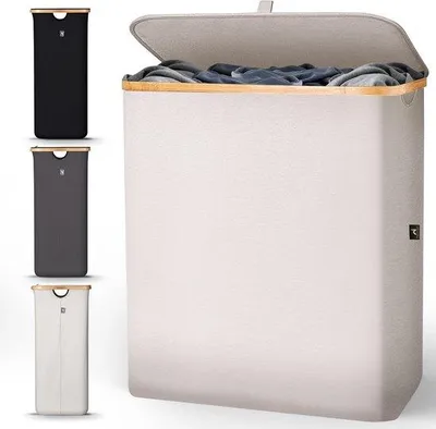 Image de Panier à linge pliable double, 140 L, beige bambou