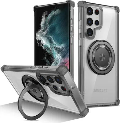 Image de Etui pour Samsung Galaxy S22 Ultra 5G anneau magnétique, support, compatible MagSafe, protection militaire, étui transparent noir