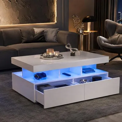 Imagen del producto de Mesa de centro blanca de alto brillo con cajones, mesa moderna para el salón con iluminación LED
