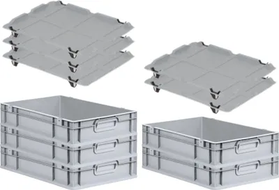 Produktbild von SparSet 5x Eurobox NextGen Economy mit Auflagedeckel und 4x Schiebeschnappverschlüsse Schwarz | Griffe geschlossen | HxBxT 12x40x60cm | 23 Liter | Eurobehälter, Transportbox, Transportbehälter, Stapelbehälter