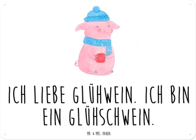 Produktbild von Mr. & Mrs. Panda Blechschild Schwein Glühwein DIN A3 - Weiß - Geschenk, Punsch, Retro, Schild, Wandbild, Weihnachten, Türschild, Glühschwein, Weihnachtsmarkt, tafel