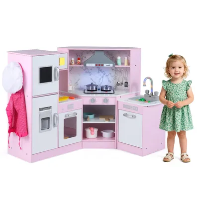 Immagine prodotto di COSTWAY cucina per bambini in legno, angolo cucina con luci e suoni, cucina in legno con tavolo, lavello e forno, accessori inclusi, cucina giocattolo per bambini 3+ (rosa)