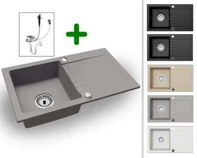 Produktbild von [Granitspüle 76x44 Grau]Hochwertig beidseitig Montierbar Küchenspüle Eckig Einbaugranitspüle Granit Spülbecken f. Unterschränke ab 45 cm inkl.Sipho