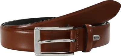 A brown leather belt with a silver buckle is shown against a white background.