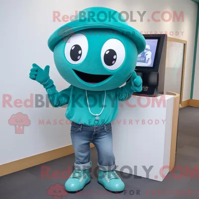 Productafbeelding van Teal REDBROKOLY Phone mascottekostuum gekleed met een Bootcut Jeans en Mutsen