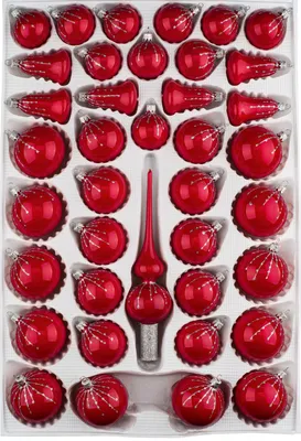 Produktbild von 39 tlg. Glas-Weihnachtskugeln Set in Hochglanz Rot Silber Regen