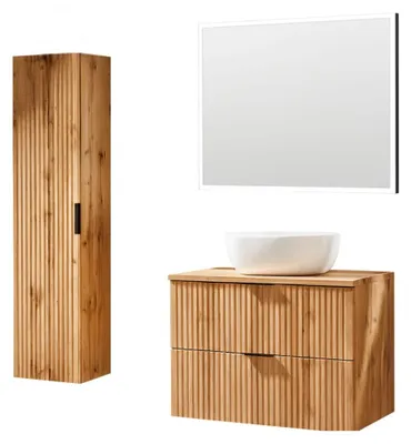 Image de Ensemble de salle de bain NOXERA 80 cm – Chêne wotan – Meuble sous vasque avec vasque, miroir LED et colonne suspendue