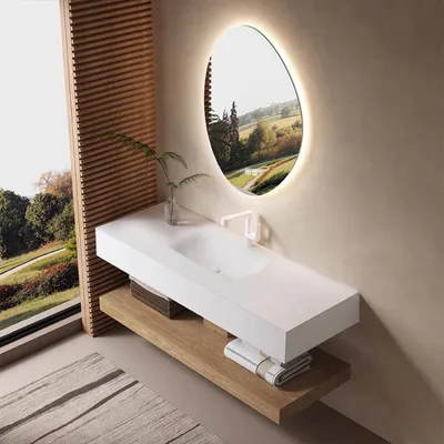 Produktbild von Badezimmer-Set mit weißem Waschbecken - Sinterstein - LED-Spiegel, brauner Ablage und Ablaufgarnitur, 120×55 cm【R557】