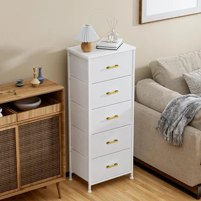 Produktbild von Schubladenschrank mit 5 Schubladen Sideboard Mehrzweckschrank Schubladenschrank für Schlafzimmer, Wohnzimmer Weiß