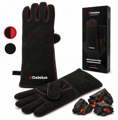 Productafbeelding van Unyqoos® grillhandschoenen van splitleer – EN407:2020 (≥350 °C) – 3-laags, 41 cm, hittebestendig voor Kamado-ovens en gietijzeren barbecues, 1 paar, zwart/rood