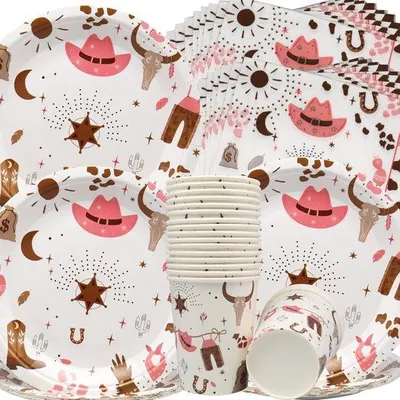 Productafbeelding van Rosa servies voor een cowboythema, 60 stuks, van plastic
