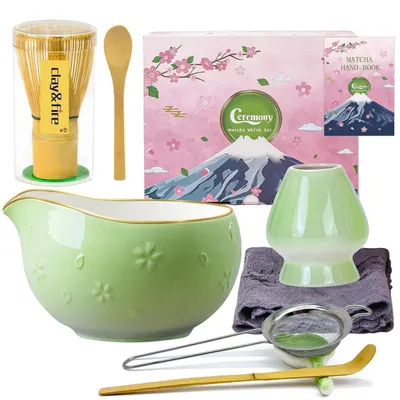 Produktbild von Matcha Set 9-teilig mit Bambus Besen und Keramik Schale Kirschblüten-Grün