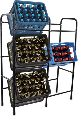 A metal rack holding several crates of beverages.