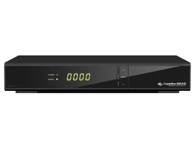 A black satellite receiver is shown from the front on a white background.