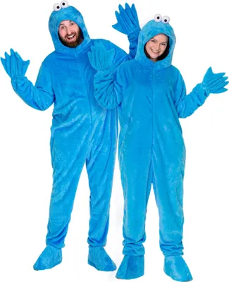 Two people wearing blue monster costumes.
