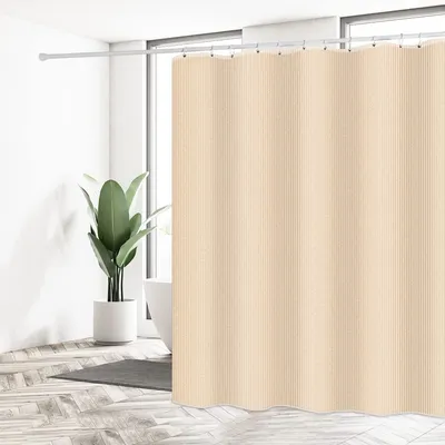 Image de Rideau de douche 180 x 200 cm, beige, imperméable, en polyester, lavable, séchage rapide, avec 12 anneaux et un ourlet lesté.