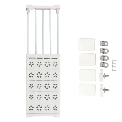 A white adjustable tension rod shelf unit with decorative cutouts and a set of mounting accessories.