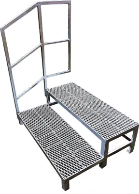 A freestanding metal staircase with two steps and a railing, shown against a white background.