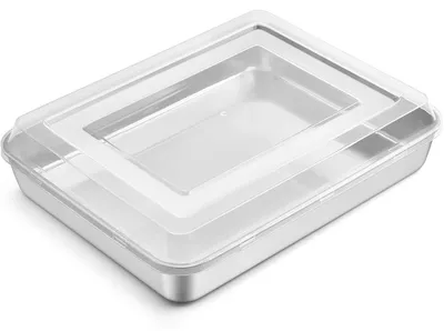 Productafbeelding van Roestvrijstalen bakplaat met deksel, zilverkleurig, afmetingen 31,6 x 24,6 x 5 cm