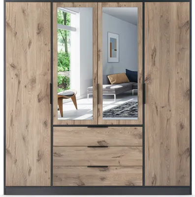 Produktbild von Drehtürenschrank Korfu D4, 4 Türen Kleiderschrank mit 2 Spiegel, Moderne Garderobe, Schrank Größe: 196 x 200 x 57,5 cm