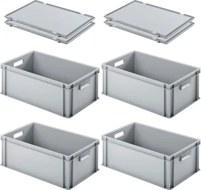 Produktbild von SuperSparSet 4x Eurobehälter mit offenem Griff und Scharnierdeckel | HxBxT 22x40x60cm | 38 Liter | Grau | Eurobox, Transportbox, Transportbehälter, Stapelbehälter