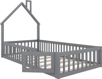 Produktbild von Hausbett, Kinderbett mit Schornsteinform, Bett mit Lattenrost (ohne Matratze), Kiefernholz, Minimalistischer Stil,