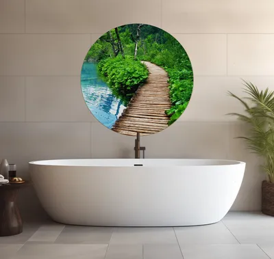 Produktbild von Wallario wasserfestes Poster selbstklebend 90 x 90 cm, Holzweg im Wald, Badezimmerposter Spritzschutz mit Hochglanzoberfläche in Glasoptik