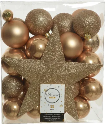 Produktbild von Weihnachtskugeln Kunststoff mit Christbaumstern 33er Set - Karamel