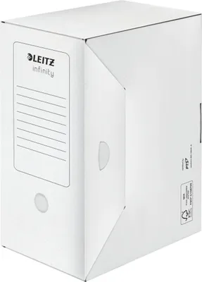 Produktbild von LEITZ Archiv-Schachtel Infinity, weiß, säurefrei (B)150 mm für Format DIN A4+, mit Verschlusslasche, aus 100% säure- -