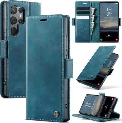 Produktbild von Handyhülle für Samsung Galaxy S23 Ultra Hülle Leder mit RFID Schutzhülle Klapphülle Magnet Kartenfach Standfunktion Blau