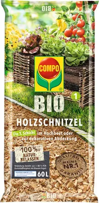 Produktbild von Holzhackschnitzel COMPO Holzschnitzel 60 L als 1.Schicht im Hochbeet oder zur dekorativen Abdeckung