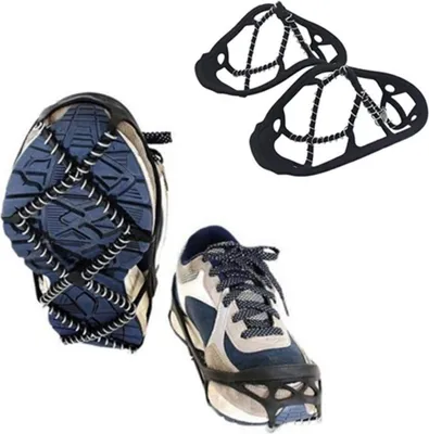 A collage of ice cleats attached to shoes and a pair of ice cleats shown separately.