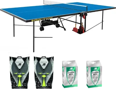 Produktbild von Tischtennisplatte Outdoor blau + Netz + Tischtennisschläger + Tischtennisbälle