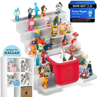 A display of a white shelf insert designed for IKEA KALLAX, showcasing various small figurines and a red Toniebox player.