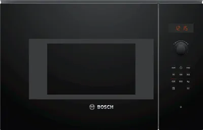 A black Bosch built-in microwave oven is shown from the front.