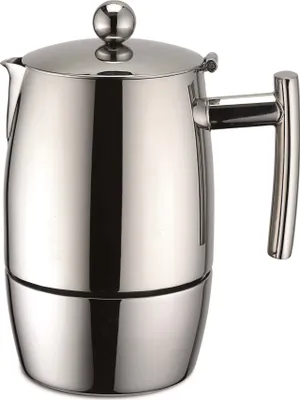 A silver, stainless steel stovetop espresso maker is shown against a white background.