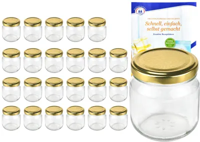 Produktbild von 24er Set Rundglas 212 ml nieder To 66 goldener Deckel Sturzgläser Einmachgläser incl. Rezeptheft