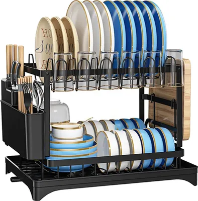 Immagine prodotto di Scaffale scolapiatti, design a più livelli, salvaspazio, nero, a 2 livelli