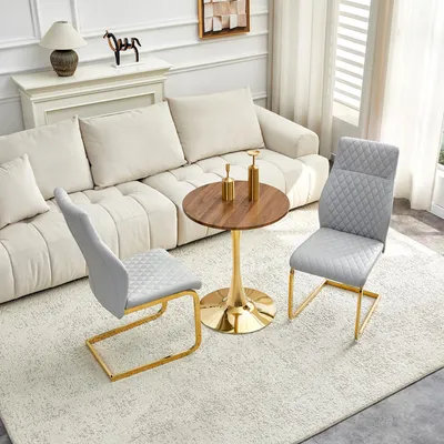 Productafbeelding van Tafel- en stoelset, ronde tafel 60 cm, MDF, houtlook, 2 stoelen met ruitpatroon (goud, lichtgrijs, walnoot)