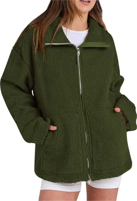 Produktbild von ASKSA Damen Jacke Teddyjacke Doppelschieber Reissverschluss Winter Fleecejacke Winterjacke Warme Teddyfleece Outdoor Casual Jacken mit Taschen (Gruen,L)