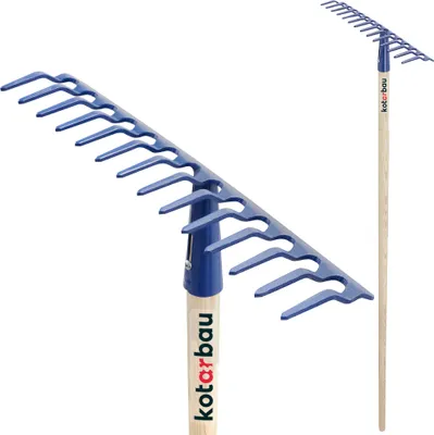 Obrázok produktu pre KOTARBAU® Hrablo na lístie 38 cm Kovové hrablo na trávu a lístie s drevenou rukoväťou 142 cm Záhradné hrablo na trávnik s 14 hrotmi Oceľ Námornícka modrá
